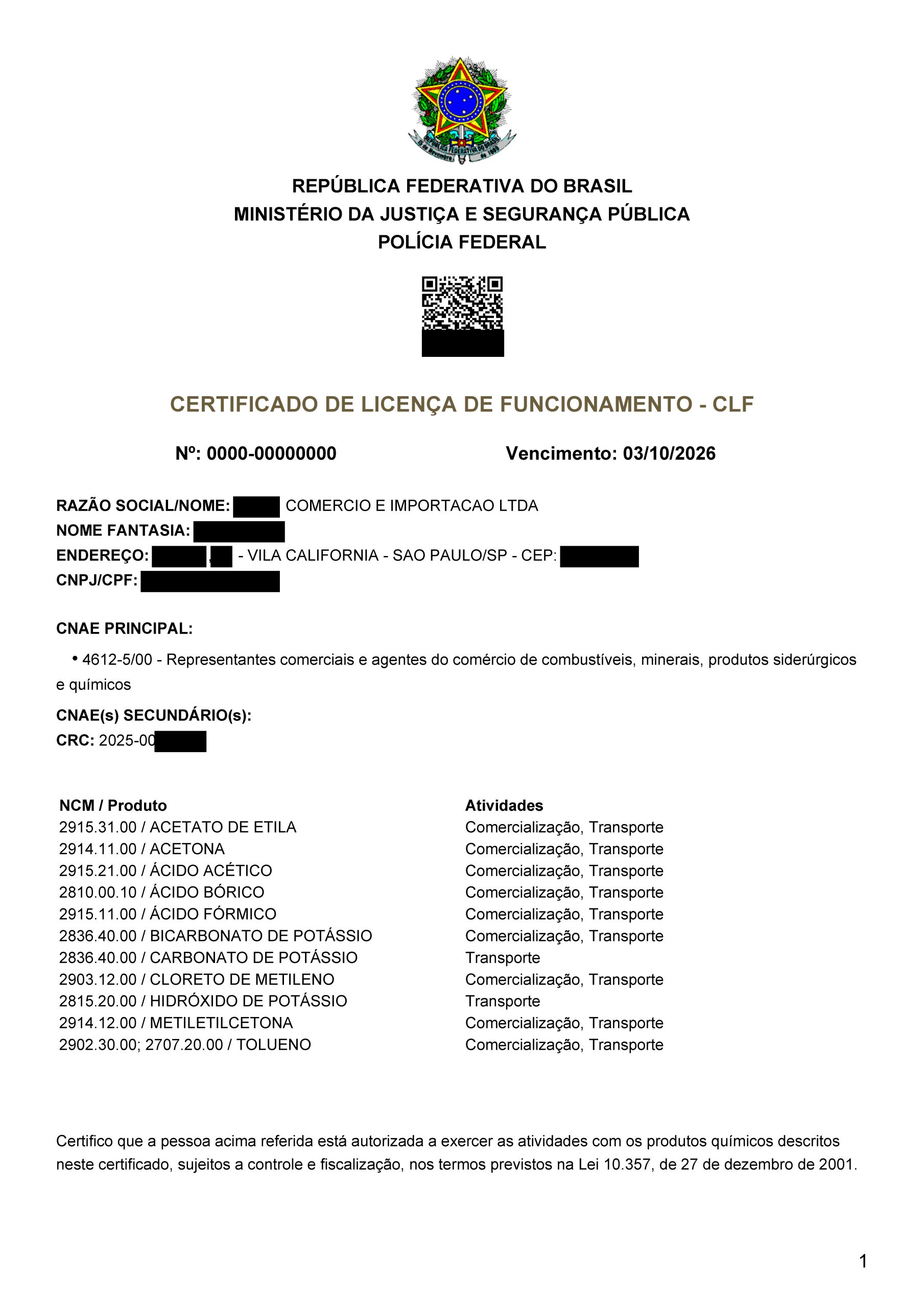 Exemplo de licença da Polícia Federal