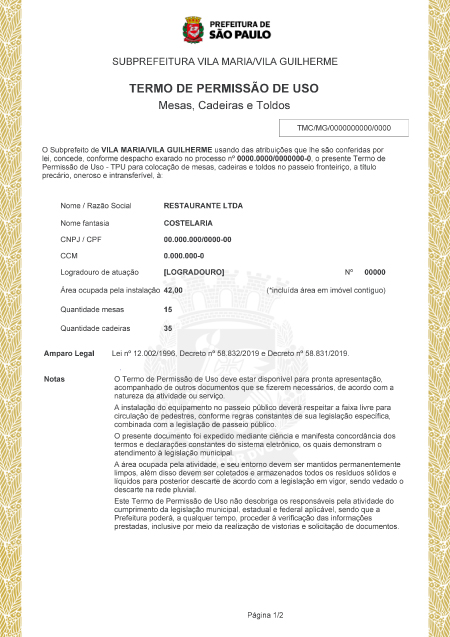 Exemplo de licença para mesas e cadeiras