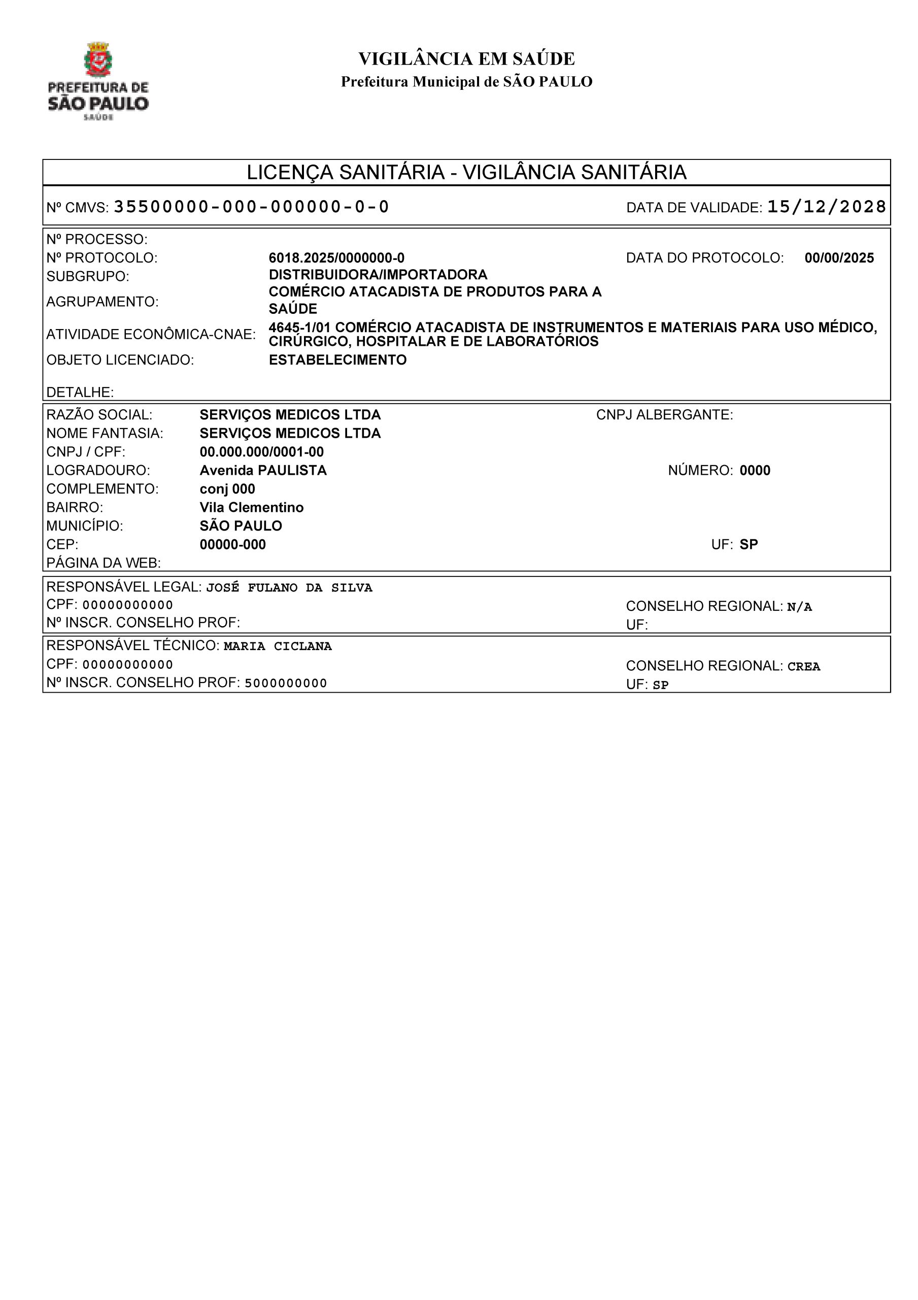 Exemplo de Licença da Vigilância Sanitária