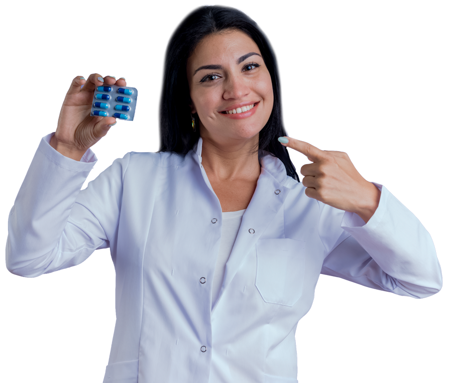 Farmacêutica apontando para medicamento